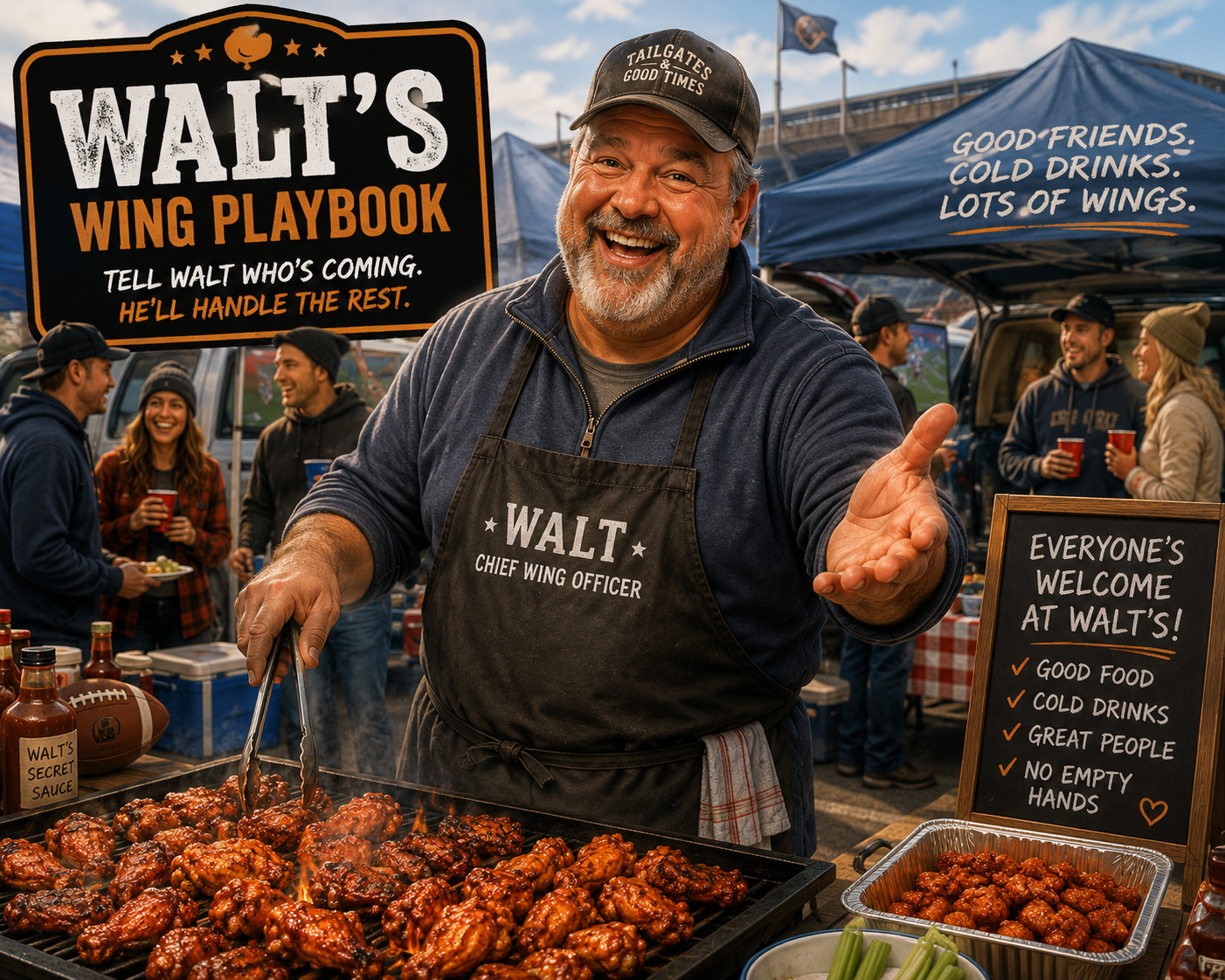 Walt, a smiling middle-aged tailgate host in a cap and apron, grilling a full rack of chicken wings